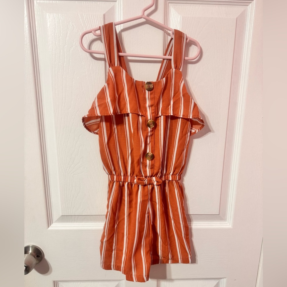 Little Lass Orange and White Striped Romper girls size 7